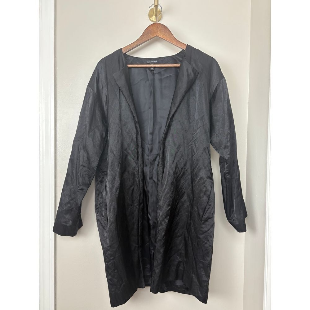 EILEEN‎ FISHER Black Jacket Lagenlook Open Front Capsule Cupro Lined Medium